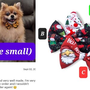 May include: Three Christmas-themed dog bow ties. The bow ties are red, black, and white with various holiday patterns, including Santa Claus, reindeer, and snowflakes. The text "Ho! Ho!" is printed on the red bow tie.