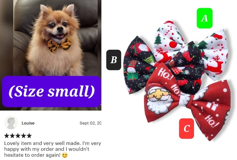 May include: Three Christmas-themed dog bow ties. The bow ties are red, black, and white with various holiday patterns, including Santa Claus, reindeer, and snowflakes. The text "Ho! Ho!" is printed on the red bow tie.