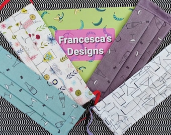 ADULTS, TEENS, CHILDRENS Pleated Face Masks, Reusable, Washable, Filter Pocket, Adjustable Elastic Straps, 100% Cotton, Boozy Collection