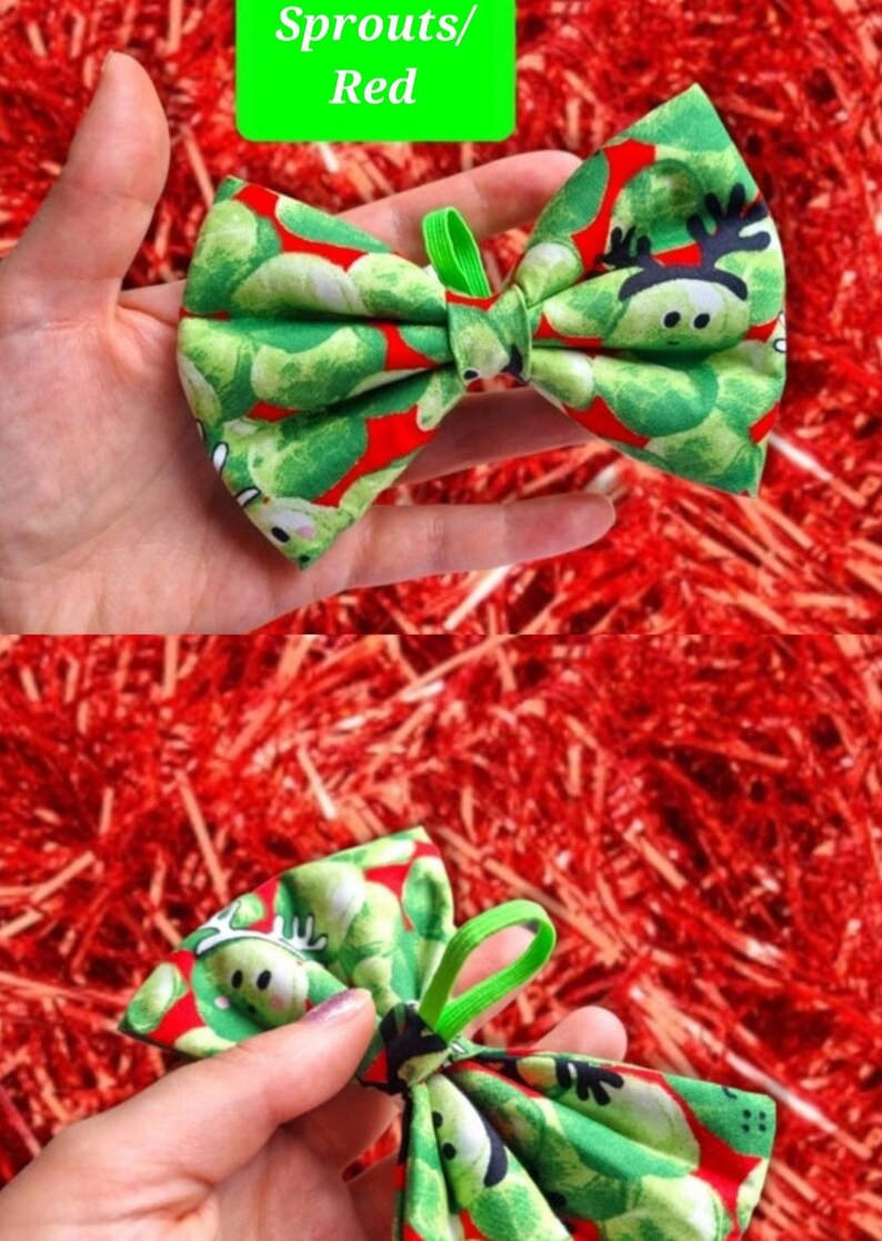 May include: A red bow tie with a green sprout pattern. The sprouts have a reindeer face on them. The bow tie is tied with a green elastic band.