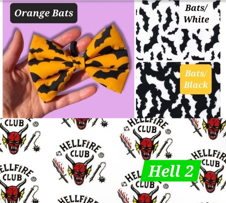 May include: A set of three bow ties featuring a black bat pattern on a white, orange, and black background. The bow ties are shown on a pink background. The text "Orange Bats", "Bats/White", and "Bats/Black" are visible in the image. The text "Hellfire Club" is repeated in a pattern on a white background with a red devil head and other graphic elements.