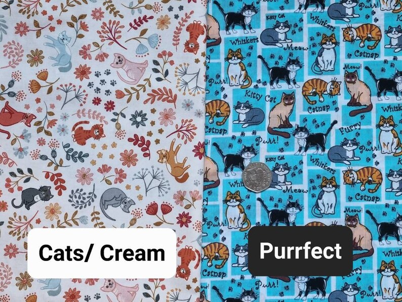 May include: Two fabric swatches with a cat theme. The left swatch is cream with a floral pattern and small cats. The right swatch is turquoise blue with a repeating pattern of cats in various poses and the text "Purrfect".