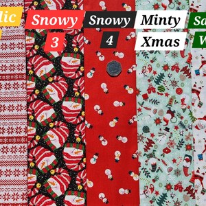 May include: Five different fabric swatches with Christmas themes. The swatches are labeled "Nordic 2", "Snowy 3", "Snowy 4", "Minty Xmas", and "Santas/White".