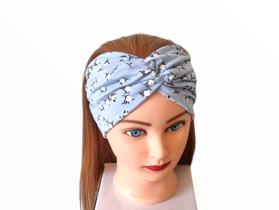 Wide Twist Baby Blue Headband, Ladies Wide Blue Floral Headband, Wide