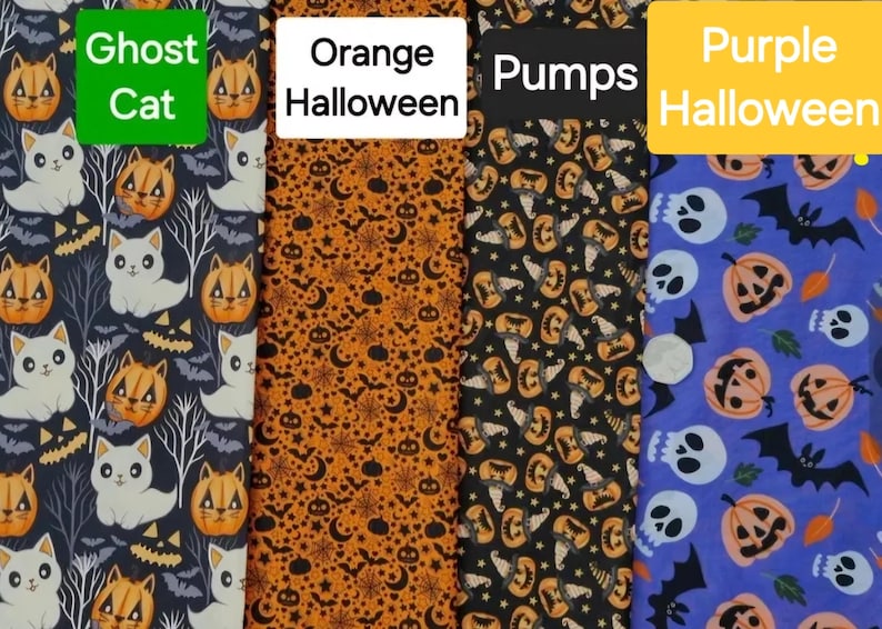 May include: Four different fabric swatches with Halloween themes. The first swatch is a dark blue fabric with a white cat and orange pumpkins. The second swatch is an orange fabric with black stars, moons, and bats. The third swatch is a black fabric with orange pumpkins and black witch hats. The fourth swatch is a purple fabric with orange pumpkins, white skulls, and black bats.