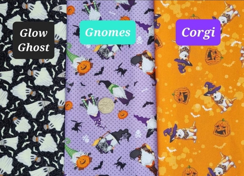 May include: Three fabric swatches featuring Halloween themes. The first swatch is black with white ghosts and bats. The second swatch is purple with white polka dots and gnomes dressed in Halloween costumes. The third swatch is orange with brown spots and corgis dressed in Halloween costumes. The text on the swatches reads "Glow Ghost", "Gnomes", and "Corgi".