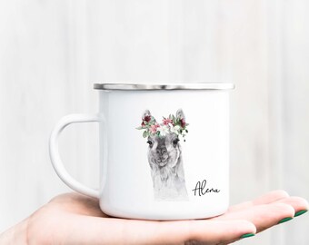 Tasse Aquarell-Tiere personalisiert mit Wunschname, Einseitig bedruckt, Watercolor Blumen, Becher mit Namen, Emaille Becher Keramik Tasse