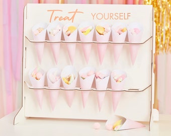Candy Bar Aufsteller für Tüten | Halter für 14 Süßigkeit tüten | CandyBar Alternative in Rosa / Roségold | Treat YOURSELF | Candy Wandhalter