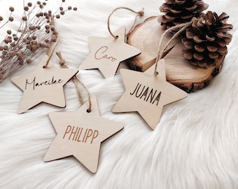 Wooden star with name - Personalized Christmas decoration - Name punched out or engraved - Gift pendant, Christmas tree decoration Wish name, Star