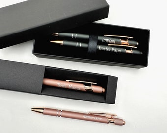 Kugelschreiber mit Name & Geschenkverpackung, Schreibset für Hochzeitspaar, Vertrag, Stift personaisliert in Metall / Rosegold graviert