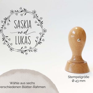 Hochzeitsnamen Stempel - Blätter - Ranken Rahmen | Vornamen Stempel | Hochzeitstempel personalisiert | save the date Stempel Rund 43mm/60mm