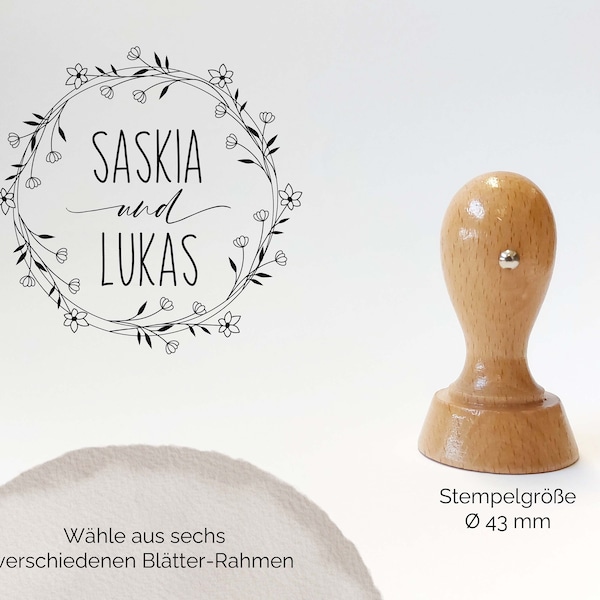 Hochzeitsnamen Stempel - Blätter - Ranken Rahmen | Vornamen Stempel | Hochzeitstempel personalisiert | save the date Stempel Rund 43mm/60mm