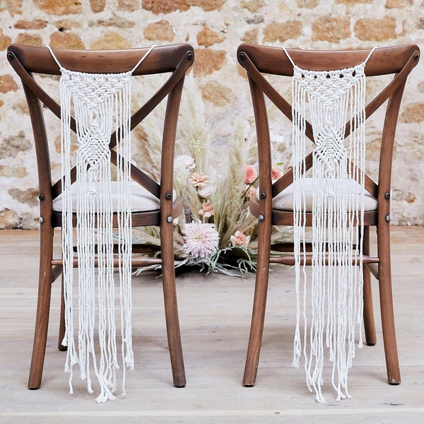 Makramee-Stuhl Dekorationen - 2x Makramee 30x65 cm in weiß für Hochzeitsstuhl - Boho-Anhänger - Mr & Mrs Stuhl Dekoration Makramee Hochzeit