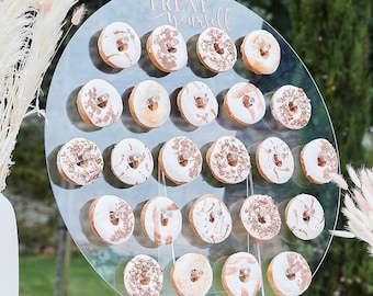 Acryl Donut Wall Aufsteller " TREAT yourself" Donut Wand im Acryl-Look | Donut-Wall zur Hochzeit | Donut Ständer Transparent für 24 Donuts