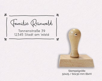 Adressstempel - Reinwald | Zierrahmen | personalisierter Familienstempel | Holzstempel Wunschadresse | Stempel Rechteckig 50x25mm / 60x30mm