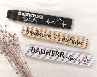 Bauherr / Bauherrin Meterstab mit ver. Design, Hausbauer, Bauvorhaben, Meterstab mit Wunsch-Namen, Zollstock personalisiert Name Handwerker