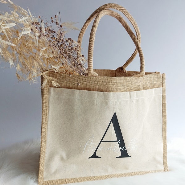 Personalisierte Jutetasche Initial & Name | Einkaufstasche mit Wunschname und Initial | Jutetasche | Baumwolltasche | Shopper Einkaufstasche