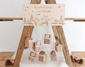 Cottage Advent calendar with personalized wooden sign | For self-filling | Wooden sign with name | 24 cardboard houses | Desired name