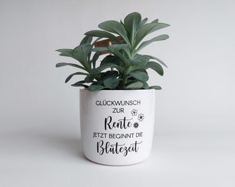 Rente Beginn - Keramik Blumentopf Blütezeit | "Glückwunsch zur Rente, jetzt beginnt die Blütezeit" | Ø13cm / Ø15cm weiß meliert schwarz matt
