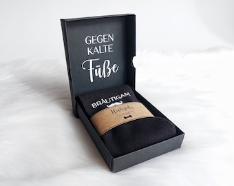 Bräutigam Socken mit Geschenkbox - Für meinen Bräutigam - gegen kalte Füße! Hochzeitssocken | Box mit Personalisierung | Herrensocken Anzug