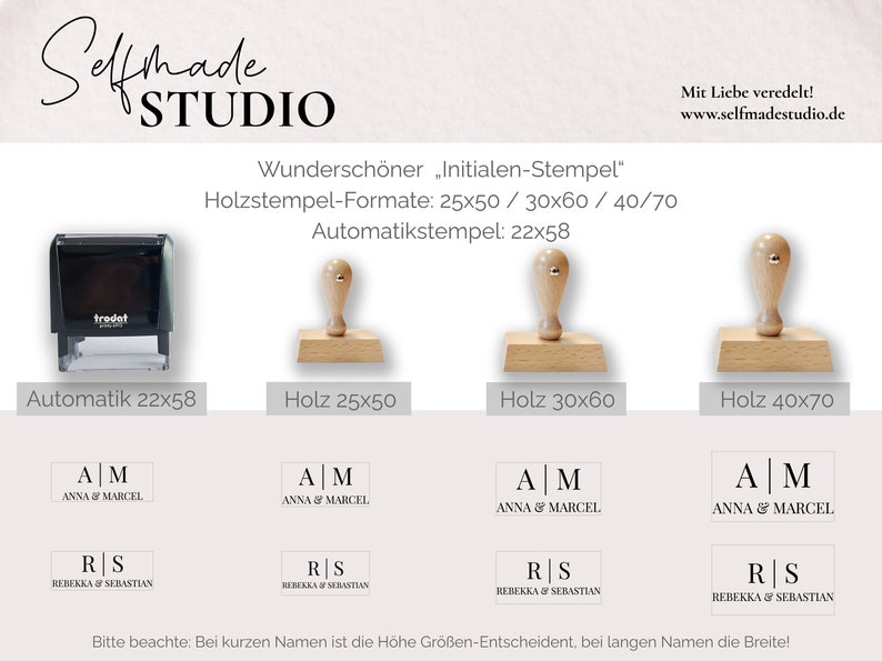 Initialen & Vornamen Hochzeit Stempel Hochzeitstempel personalisiert Holz Stempel Rechteckig 25x50/30x60/40x70mm, Automatik 22x58mm Bild 4