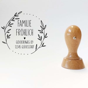 Adressstempel Fröhlich Floral Zweige Motiv personalisierter Familienstempel Holzstempel mit Wunschadresse Stempel Rund 43mm/60mm Bild 8