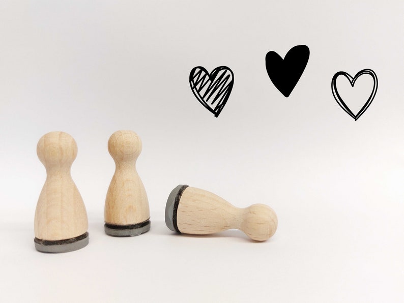 Ministempelset Herzen gezeichnet 3 Stempel mit 12mm Durchmesser Holzstempel Valentinstag / Hochzeit Bild 1