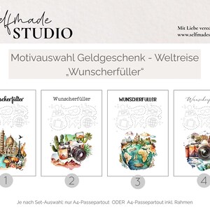 Geldgeschenk - Wunscherfüller Auswahl zwischen 4 Motiven - Weltreise - Bild mit Camera oder Welt - Geld Geschenk für eine Weltreise