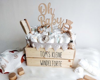 Windelkiste mit Name - personalisierte DIY Windeltorte zum selbst Befüllen - Holzkiste mit Schriftzug, Alternative zur klassischen Babytorte