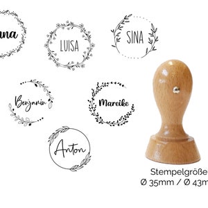 Namenstempel Blätter - Ranken Rahmen | Floral - Zweige Motiv personalisierter Stempel mit Vorname Holzstempel | Stempel Rund 35 / 43 / 60 mm