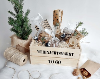 Weihnachtsmarkt "to go" mit Name, personalisierte Aufkleber oder Holz Geschenkkiste DIY zum selbst Befüllen - Advent Winterzauber  Holzkiste