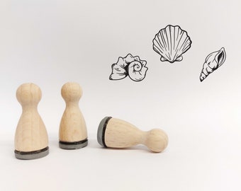 Ministempelset Muschel gezeichnet | 3 Stempel mit 12mm Durchmesser | Holzstempel Meer Wasser Symbole | Meerestempel Stempel