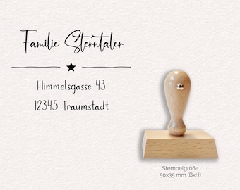 Adressstempel - Sterntaler | Stern & Linie | personalisierter Familienstempel | Holzstempel mit Wunschadresse | Stempel Rechteckig 50x35mm