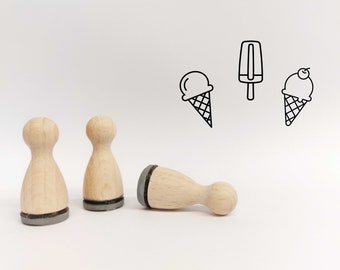 Ministempelset Eis - Essen | 3 Stempel mit 12mm Durchmesser | Holzstempel Eis Essen Symbole | Sommer Urlaub