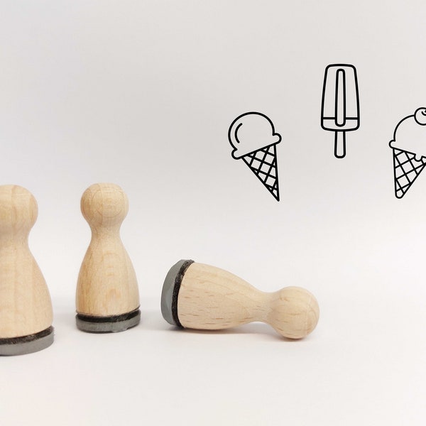 Ministempelset Eis - Essen | 3 Stempel mit 12mm Durchmesser | Holzstempel Eis Essen Symbole | Sommer Urlaub