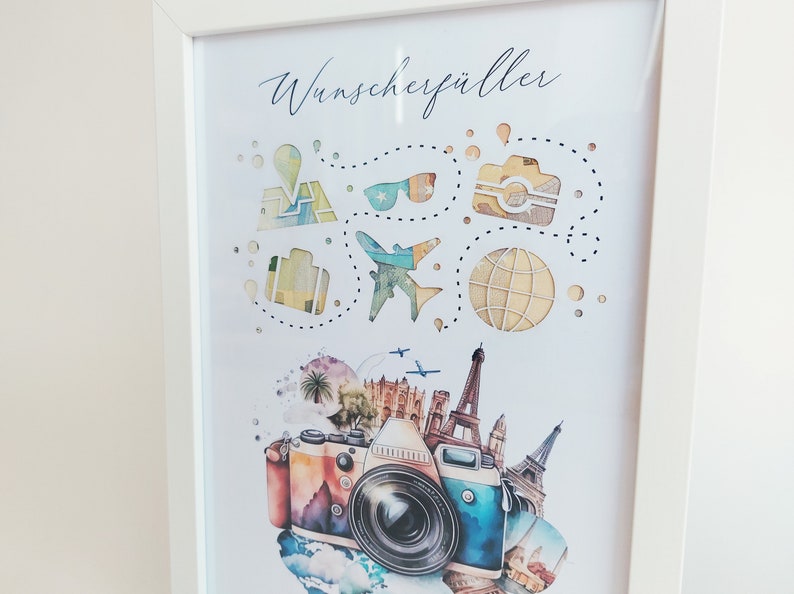 Geldgeschenk zur Hochzeit - Geburtstag - Wunscherfüller für eine Weltreise mit Kamera Motiv A4 mit Bilderrahmen