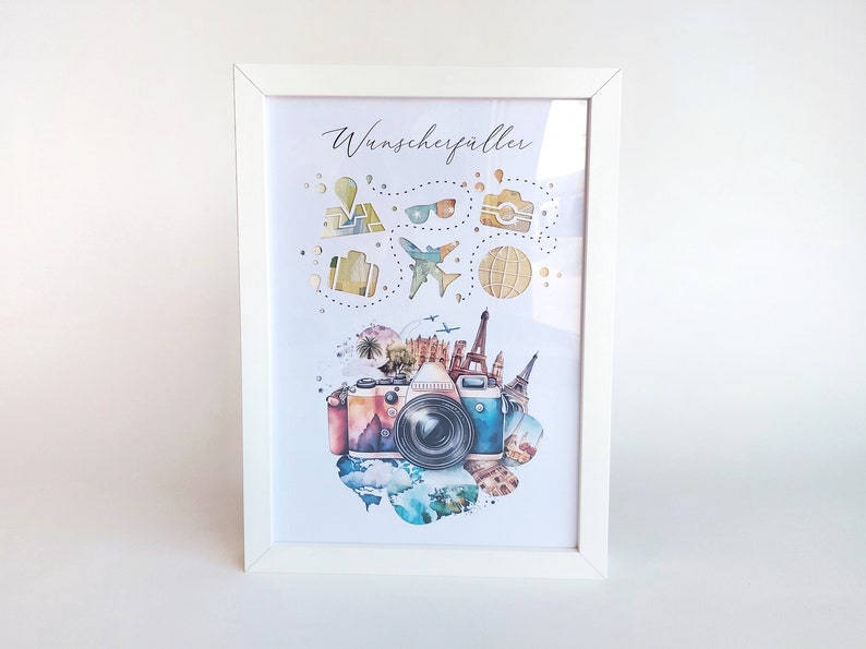 Geldgeschenk zur Hochzeit - Geburtstag - Wunscherfüller für eine Weltreise mit Kamera Motiv A4 mit Bilderrahmen