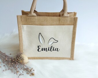 Oster Jutetasche groß mit Namen verschiedene Designs, Personalisierte Jute-Tasche zum Osterfest, Jutebeutel für Geschenke, Osterhase Tasche