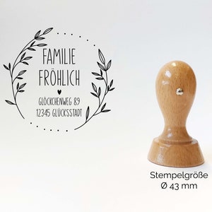 Adressstempel Fröhlich Floral Zweige Motiv personalisierter Familienstempel Holzstempel mit Wunschadresse Stempel Rund 43mm/60mm image 1