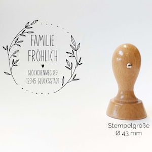 Adressstempel Fröhlich Floral Zweige Motiv personalisierter Familienstempel Holzstempel mit Wunschadresse Stempel Rund 43mm/60mm imagen 1