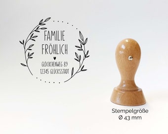 Adressstempel - Fröhlich | Floral - Zweige Motiv | personalisierter Familienstempel | Holzstempel mit Wunschadresse | Stempel Rund 43mm/60mm