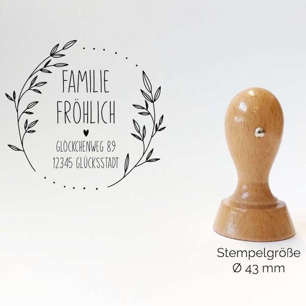 Adressstempel - Fröhlich | Floral - Zweige Motiv | personalisierter Familienstempel | Holzstempel mit Wunschadresse | Stempel Rund 43mm/60mm