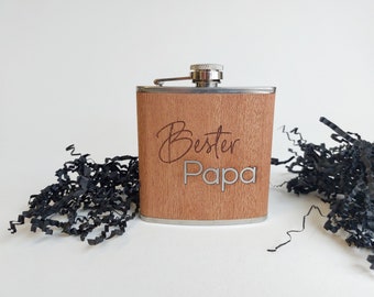 Flachmann "Bester" Papa mit Geschenkbox | Personalisierter Flachmann aus Edelstahl & Holz-Oberfläche | 170 ml Volumen | "Bester" Wunschwort