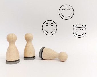 Ministempelset Smiley Zufrieden | 3 Stempel mit 12mm Durchmesser | Holzstempel Emoji Lachen Engel Stempel Klassenarbeiten Stempel für Lehrer