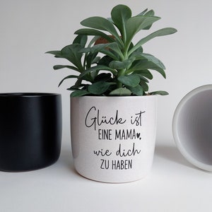 Keramik Blumentopf Glück | "Glück ist eine Mama wie dich zu haben" | Ø13cm / Ø15cm, weiß meliert, schwarz matt | Muttertag Geschenk Übertopf