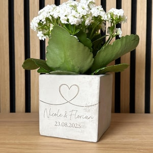 Könnte beinhalten: Ein quadratischer Beton-Pflanztopf mit Herzmotiv und den Namen "Nicole & Florian" sowie dem Datum "23.08.2025" auf der Vorderseite eingraviert. Der Topf enthält eine grüne Pflanze mit weißen Blüten.