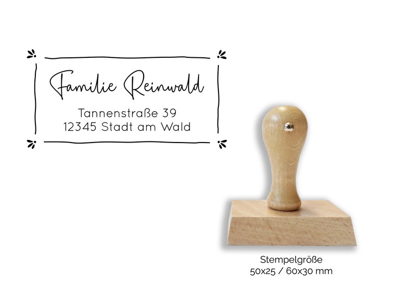 Adressstempel Reinwald Zierrahmen personalisierter Familienstempel Holzstempel Wunschadresse Stempel Rechteckig 50x25mm / 60x30mm Bild 9