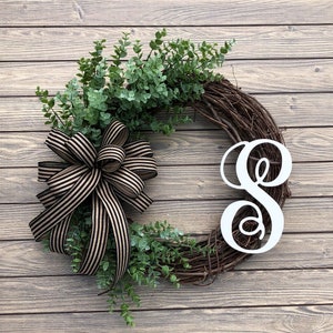 Monogram wreath, initial wreath for front door, boxwood wreath for front door, bridal shower gift for home owner,