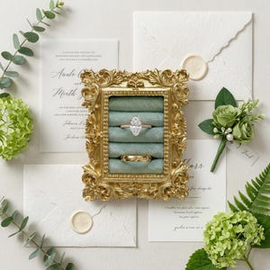 May include: A gold ornate frame holds two rings on a teal velvet insert. A diamond engagement ring and a gold wedding band are displayed. Wedding invitations, envelopes with wax seals, and a green boutonniere complete the wedding theme.