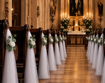 White Tulle Eucalyptus Wedding Chair Decor, Rustic Boho Ceremony Drapes